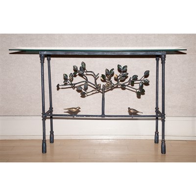 Lot 617 - Glass Top Painted Metal Bird and Tree Form...