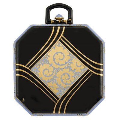 Lot 118 - Art Deco Gold and Black and Periwinkle Blue Enamel Pendant-Watch, Boucheron, France