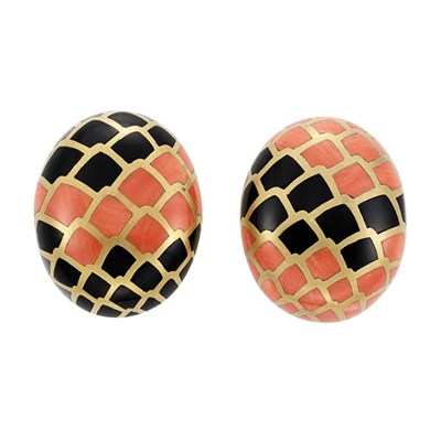 Lot 26 - Pair of Gold, Coral and Black Onyx Earclips, Angela Cummings