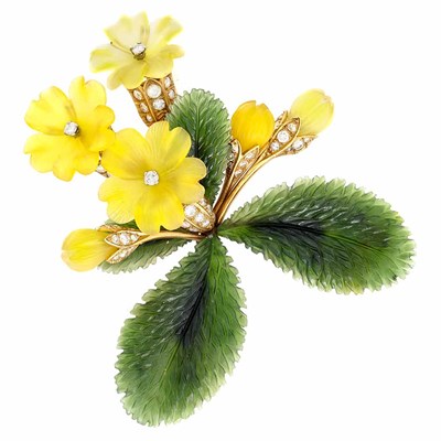 Lot 334 - Gold, Carved Nephrite and Yellow Crystal and Diamond Flower Brooch