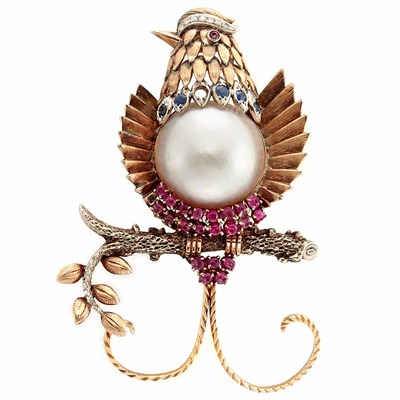 Lot 152 - Two-Color Gold, Mabe Pearl, Gem-Set and Diamond Clip-Brooch