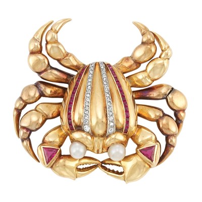 Lot 158 - Gold, Diamond, Synthetic Ruby and Cultured Pearl Crab Clip