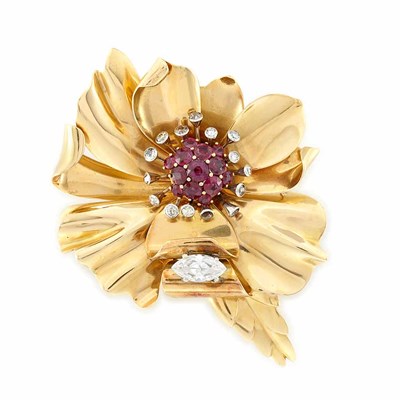 Lot 161 - Gold, Diamond, Simulated Diamond and Ruby Flower Clip-Brooch, France