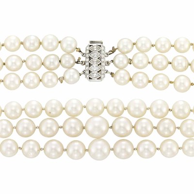 Lot 100 - Triple Strand Cultured Pearl Necklace with Platinum and Diamond Clasp