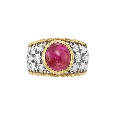 Lot 32 - Two-Color Gold, Cabochon Ruby and Diamond Ring