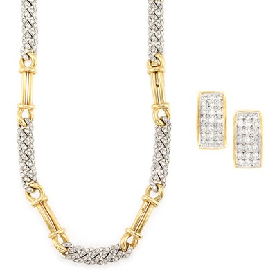 Lot 686 - Two-Color Gold and Diamond Curb Link Chain Necklace/Bracelet Combination and Pair of Diamond Earclips
