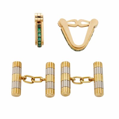 Lot 176 - Pair of Two-Color Gold Cufflinks, Tiffany & Co., and Pair of Gold and Emerald Stirrup Cufflinks