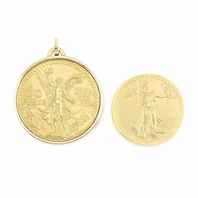 Lot 544 - U.S. Fifty-Dollar Gold Coin and Mexican 50 Pesos Gold Coin Pendant