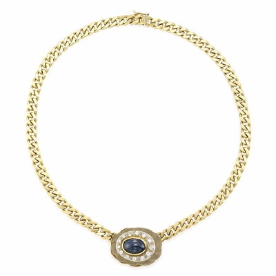 Lot 647 - Gold, Fluted Frosted Rock Crystal, Cabochon Sapphire and Diamond Curb Link Chain Necklace