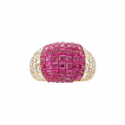 Lot 887 - Gold, Invisibly-Set Ruby and Diamond Bombe Ring
