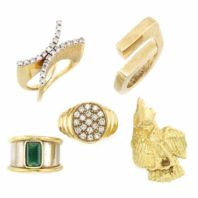 Lot 841 - Five Gold, Diamond and Gem-Set Rings