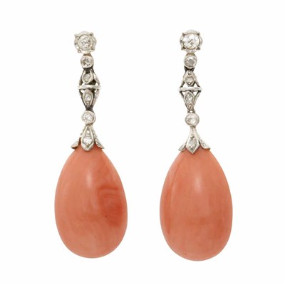 Lot 84 - Pair of Platinum, Gold, Diamond and Coral Pendant-Earrings