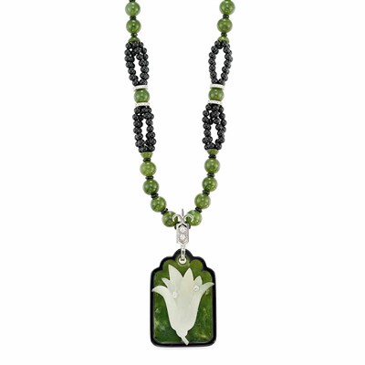 Lot 917 - Nephrite and Onyx Bead, White Gold and Diamond Pendant-Necklace