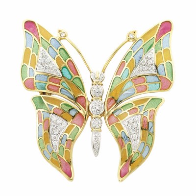Lot 40 - Gold, Plique-a-Jour Enamel and Diamond Butterfly Clip-Brooch