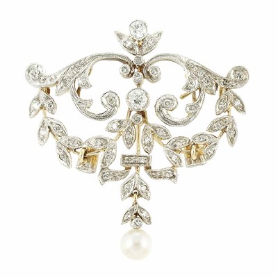 Lot 107 - Two-Color Gold, Diamond and Cultured Pearl Brooch