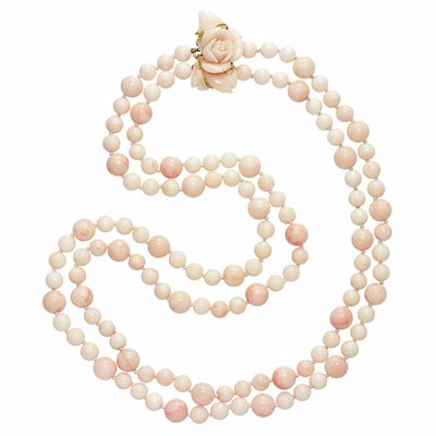 Lot 56 - Long Double Strand Angel Skin Coral Bead Necklace with Carved Coral Clasp