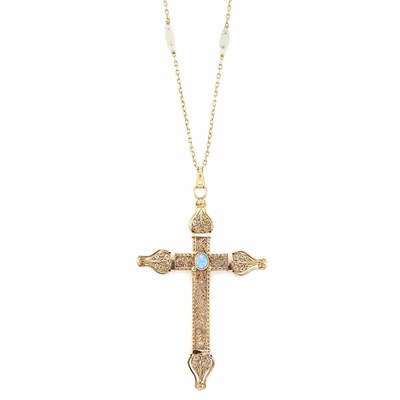 Lot 790 - Gold Filigree and Opal Cross Pendant with Gold, Opal and Rock Crystal Bead Chain Necklace