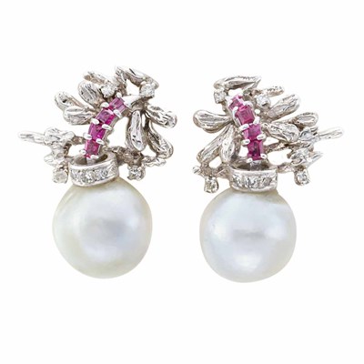 Lot 755 - Pair of White Gold, Cultured Pearl, Ruby and Diamond Earrings and Pendant