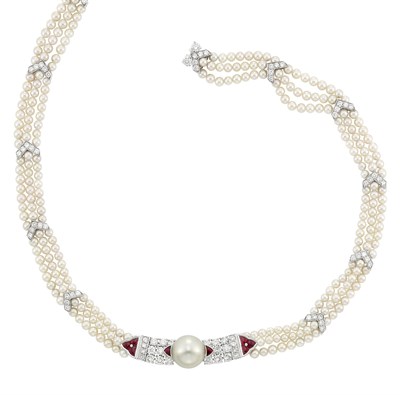 Lot 337 - Triple Strand Cultured Pearl, White Gold, Diamond, Ruby and South Sea Cultured Pearl Necklace, Asprey, France