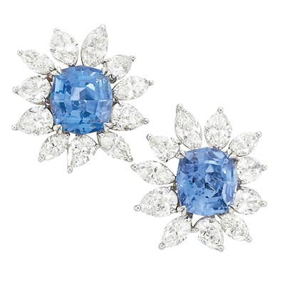Lot 390 - Pair of Platinum, Sapphire and Diamond Earclips