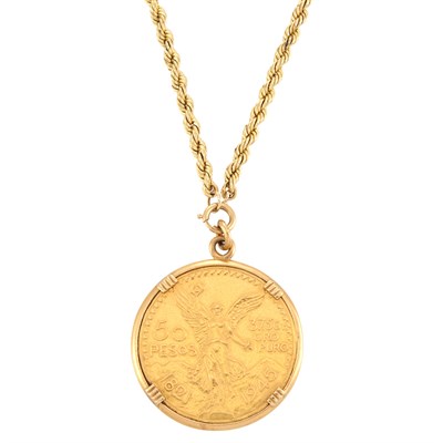 Lot 778 - Gold Mexican Coin Pendant with Gold Rope-Twist Chain Necklace