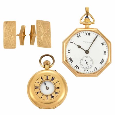 Lot 417 - Gold Open Face Pocket Watch/Brooch, Waltham, and Gold and Blue Enamel Hunter Pocket Watch and Pair of Gold Cufflinks