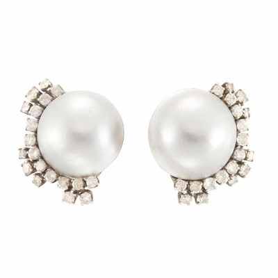 Lot 874 - Pair of White Gold, Mabe Pearl and Diamond Earclips