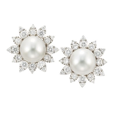 Lot 235 - Pair of Platinum, White Gold, South Sea Cultured Pearl and Diamond Earclips