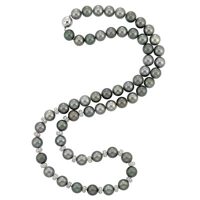 Lot 95 - Long Tahitian Gray Cultured Pearl, White Gold and Diamond Necklace