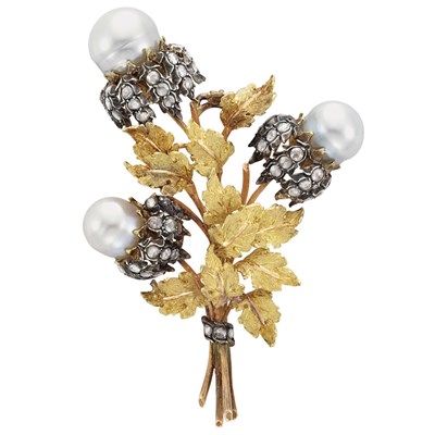 Lot 360 - Gold, Silver, Cultured Pearl and Diamond Clip-Brooch, Mario Buccellati