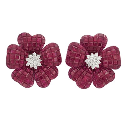 Lot 249 - Pair of White Gold, Invisibly-Set Ruby and Diamond Flower Earclips