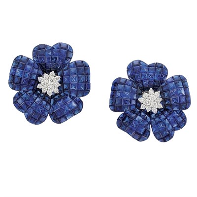 Lot 246 - Pair of White Gold, Invisibly-Set Sapphire and Diamond Flower Earclips