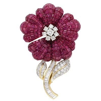 Lot 342 - Gold, Invisibly-Set Ruby and Diamond Flower Clip-Brooch