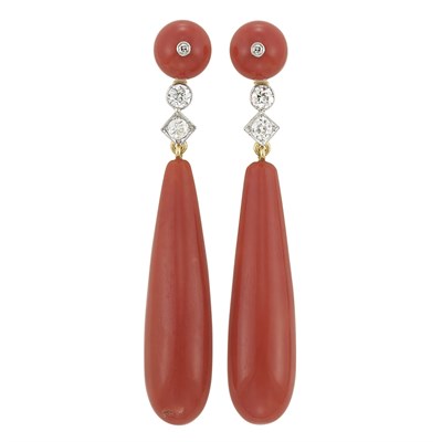 Lot 127 - Pair of Coral and Diamond Pendant-Earrings