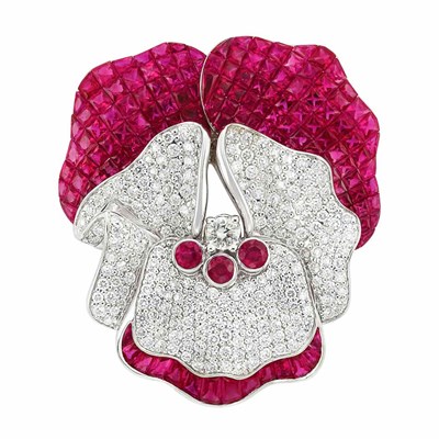Lot 313 - White Gold, Diamond and Invisibly-Set Ruby Flower Clip-Brooch