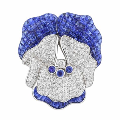 Lot 316 - White Gold, Diamond and Invisibly-Set Sapphire Flower Clip-Brooch