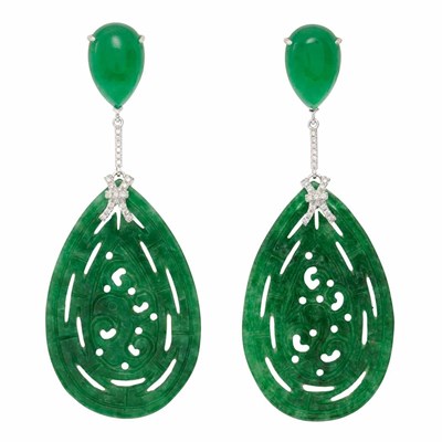 Lot 230 - Pair of White Gold, Dyed Green Chalcedony, Diamond and Carved Jade Pendant-Earrings