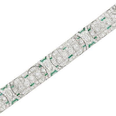 Lot 418 - Platinum, Diamond and Emerald Bracelet