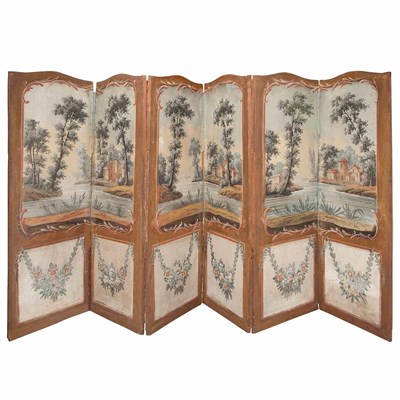Lot 133 - Continental Painted Canvas Six-Panel Screen...