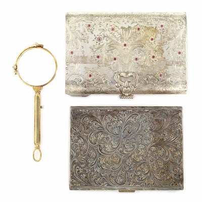 Lot 432 - Silver and Synthetic Ruby Vanity and Cigarette Case and Gold Lorgnette