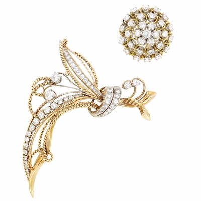 Lot 150 - Gold and Diamond Dome Ring and Gold and Diamond Leaf Brooch