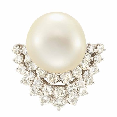 Lot 143 - Platinum, Cultured Button Pearl and Diamond Ring