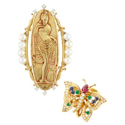 Lot 705 - Gold, Diamond and Gem-Set Butterfly Ring, Kurt Wayne, and Gold, Cultured Pearl and Diamond Figural Brooch