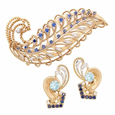 Lot 146 - Gold, Sapphire and Diamond Leaf Brooch and Pair of Gold, Blue Zircon, Diamond and Sapphire Earclips