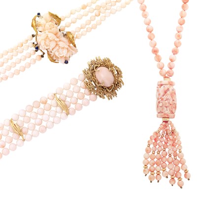 Lot 927 - Four Strand Angel Skin Coral Bead Necklace and Bracelet with Gold and Coral Clasps and Coral Bead, Carved Coral and Gold Bead Sautoir