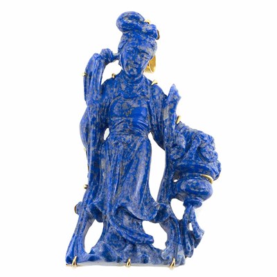 Lot 296 - Gold and Carved Lapis Pendant-Brooch