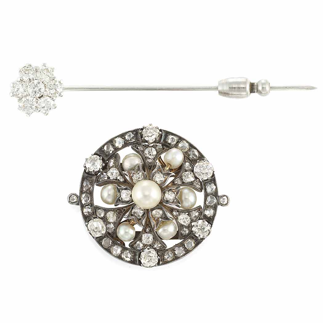 Lot 91 - Antique Silver, Gold, Button Pearl and Diamond Slide and White Gold and Diamond Stick Pin