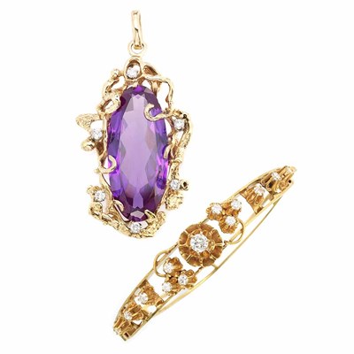 Lot 337 - Gold, Synthetic Color-Change Sapphire and Diamond Pendant and Gold and Diamond Bangle Bracelet