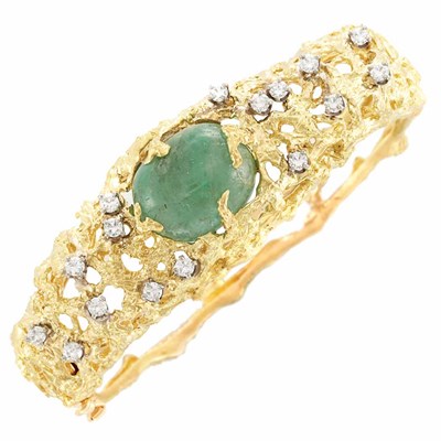 Lot 717 - Gold, Cabochon Emerald and Diamond Bangle Bracelet