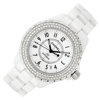 Lot 70 - White Ceramic, Stainless Steel and Diamond 'J12' Wristwatch, Chanel